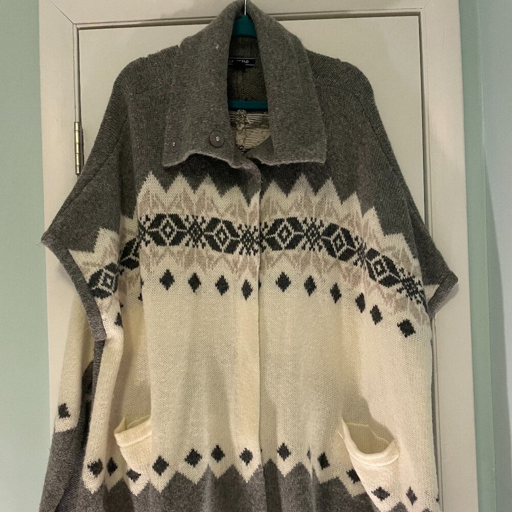 Lands' End Aztec Fair Isle Pattern Poncho Sweater - Gray/Cream - XS/S